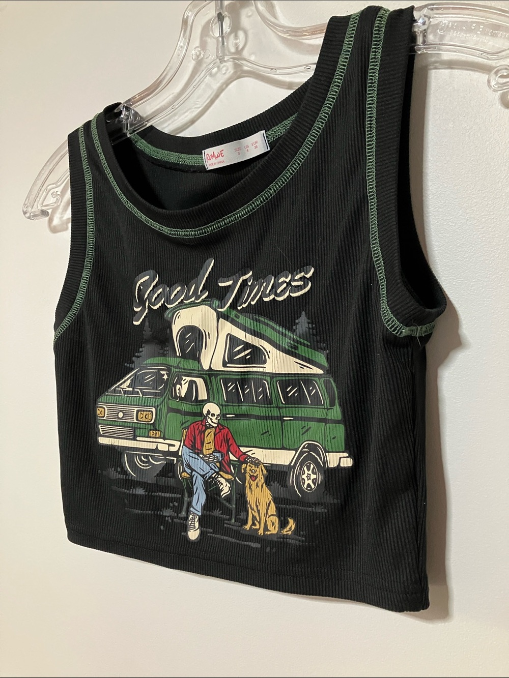 ROMWE Black Ribbed Good Times Camper Van Graphic Crop Tank Top Size Small Y2K